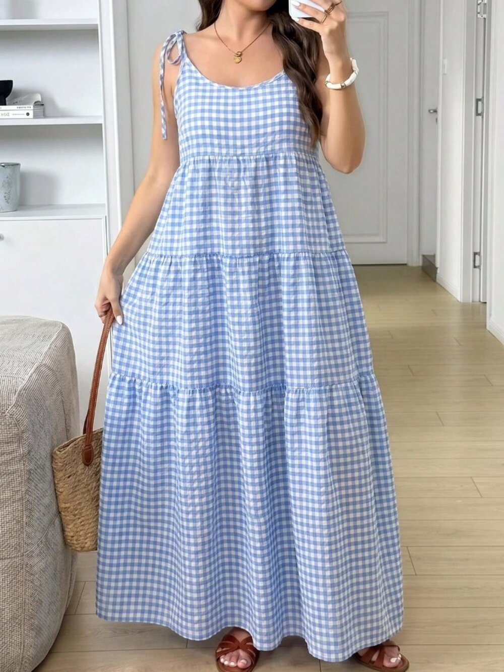 Blue and White Casual Women's Loose Geometric Plaid Spaghetti Strap Long Dress